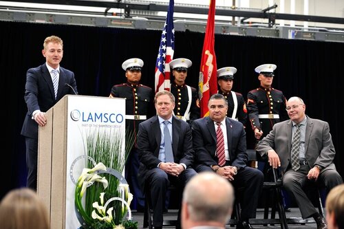 SANTA CLARITA, CA - APRIL 29: (L-R) Howard Kimberley, Group Chief Executive Officer, Shimtech Industries Limited, Kent Fisher, Vice President and General Manager Supplier Management, Boeing Commercial Airplanes, Dante Acosta, Santa Clarita Mayor Pro Tem, representing U.S. Representative Steve Knight and Steve Griffith, President, Lamsco West Inc. attends the grand re-opening of Lamsco West Inc. new facility in Santa Clarita, CA on April 29, 2016. (Photo by John Sciulli/Getty Images for Lamsco West Inc.)