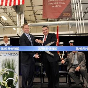 SANTA CLARITA, CA - APRIL 29:  (L-R) Kent Fisher, Vice President and General Manager Supplier Management, Boeing Commercial Airplanes and Dante Acosta, Santa Clarita Mayor Pro Tem, representing U.S. Representative Steve Knight attend the grand re-opening of Lamsco West Inc. new facility in Santa Clarita, CA on April 29, 2016.  (Photo by John Sciulli/Getty Images for Lamsco West Inc.)