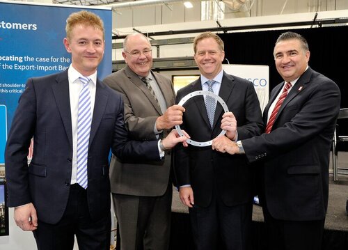 SANTA CLARITA, CA - APRIL 29: (L-R) Howard Kimberley, Group Chief Executive Officer, Shimtech Industries Limited, Steve Griffith, President, Lamsco West Inc., Kent Fisher, Vice President and General Manager Supplier Management, Boeing Commercial Airplanes and Dante Acosta, Santa Clarita Mayor Pro Tem, representing U.S. Representative Steve Knight attend the grand re-opening of Lamsco West Inc. new facility in Santa Clarita, CA on April 29, 2016. (Photo by John Sciulli/Getty Images for Lamsco West Inc.)