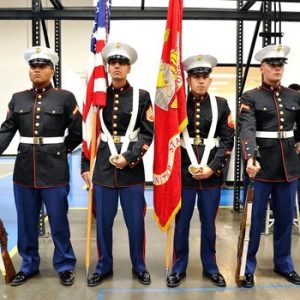 SANTA CLARITA, CA - APRIL 29:  The US Marine Corps Color Guard attend the grand re-opening of Lamsco West Inc. new facility in Santa Clarita, CA on April 29, 2016.  (Photo by John Sciulli/Getty Images for Lamsco West Inc.)